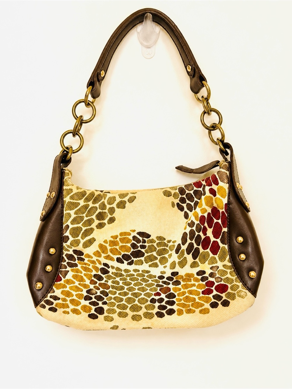 Furla Cream Multi-Color Pattern Shoulder Bag with Brown Trim